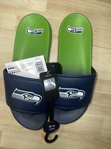 Men’s New Seattle Seahawks Logo Navy Green Slides Foco Sandals Size 9/10 Medium - Picture 1 of 6