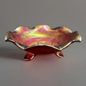 Vintage Imperial Glass OH Carnival Everglade Sunset Ruby 3-Toed Crimped Bowl 7" - Picture 1 of 9