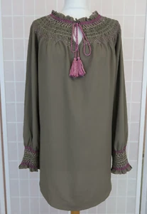 Lands End Blouse Tunic Size 14-16 Brown Smocking Detail Tassels Long Sleeves - Picture 1 of 16