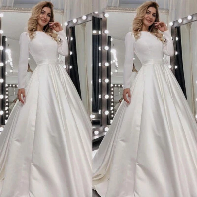 Simple Satin Wedding Dresses White Ivory Long Sleeves Sweep Train Bridal Gowns - Image 1 of 4
