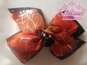 BIG Boutique Style Orange, Black Kitty or Spider Halloween Double Stack Hair Bow - Picture 1 of 16