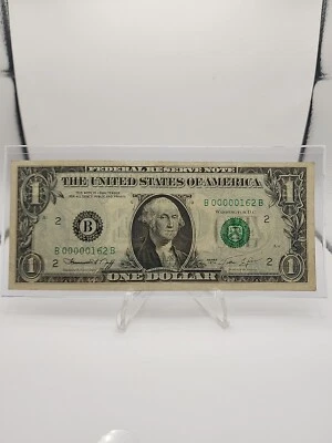 1974A $1 Dollar Bill Rare Low Serial Number B00000162B Fancy Serial Numb - Image 1 of 2