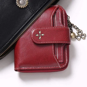 Billetera de cuero de cera al óleo vintage para mujer borla metal con cremallera bolso de identificación regalo - Imagen 1 de 15