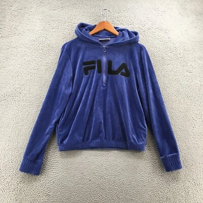 Fila Hoodie Sweatshirt Womens M Velour Blue 1/2 Zip Long Sleeves Side Pockets - Image 1 of 4