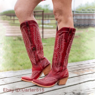 Botas de Vaquero Bordadas Mujeres Hasta la Rodilla Medianas Pantorrilla De Colección Botas de Vaquera Occidentales Foto 1 de 4