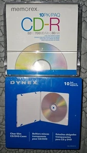 Memorex CD-R 10pk 52x 700min Discs W/ Paper Sleeves & Dynex 10 Pk Clear Slim... - Picture 1 of 1