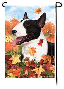 Falling Leaves Garden Flag - Black and White Bull Terrier - Picture 1 of 1