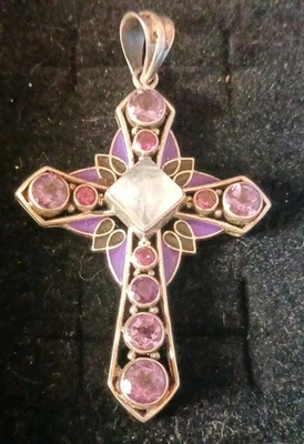 Nicky Butler Sterling Silver Cross Pendant Rainbow Moonstone Rose Quartz Enamel - Image 1 of 4