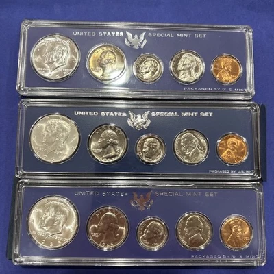 1965 SMS Lot Of 3 US Special Mint Sets SMS Silver Half Genuine Govt Case and Box - Image 1 of 4