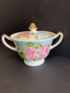 Coperchio zuccheriera o miele porcellana dipinto a mano blu rosa rose bordo oro firmato - Foto 1 di 21