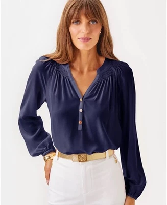 Lilly Pulitzer Womens S Navy Blue 100% Silk Elsa Long Sleeve Gold Buttons Blouse - Image 1 of 4