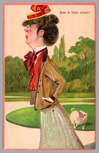 Born To Blush Unseen! Embossed Woman Pug Dog c1910 Richard Behrendt Postcard - Picture 1 of 2