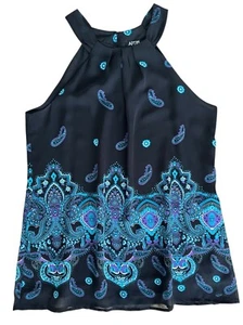 APT.9 Women's Sleeveless Tank Blouse Lined Size L Black Blue Paisley Printed - Picture 1 of 7