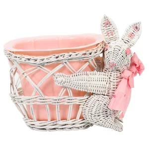 Vintage FTD Wicker Rattan Easter Basket Planter White Bunny Rabbit Pink Liner - Picture 1 of 24