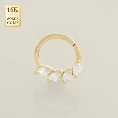 Argola de ouro maciço 14K REAL CZ Swish Leaf Daith Helix Tragus Conch Septo calibre 18 - Imagem 1 de 4