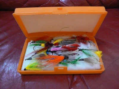 Estojo de pesca vintage laranja pescadores científicos + 17 moscas cabeça de aço salmão - Imagem 1 de 4