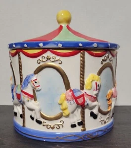 Vintage Retro Carousel Horse Cookie Jar Storage Container White Ceramic Circus - Picture 1 of 7