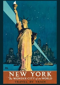 Freiheitsstatue & NYC Night Skyline. Vintage Zug Reiseplakat Kunstdrucke. - Bild 1 von 4