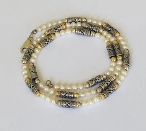 Vintage Sterling Silber Zuchtperlen Röhre Perle 14k Gelbgold Kugel Halskette - Bild 1 von 12