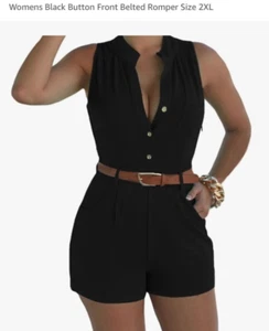 Womens Black Button Front Belted Stretchy Short Romper Sexy Pockets 2XL NWT - Picture 1 of 21