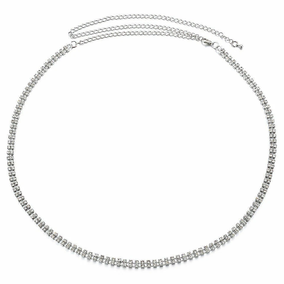 Silver 2-Row Diamante Chain Waist Belt Ladies Dress – 112 cm One Size Accessory - Image 1 of 1