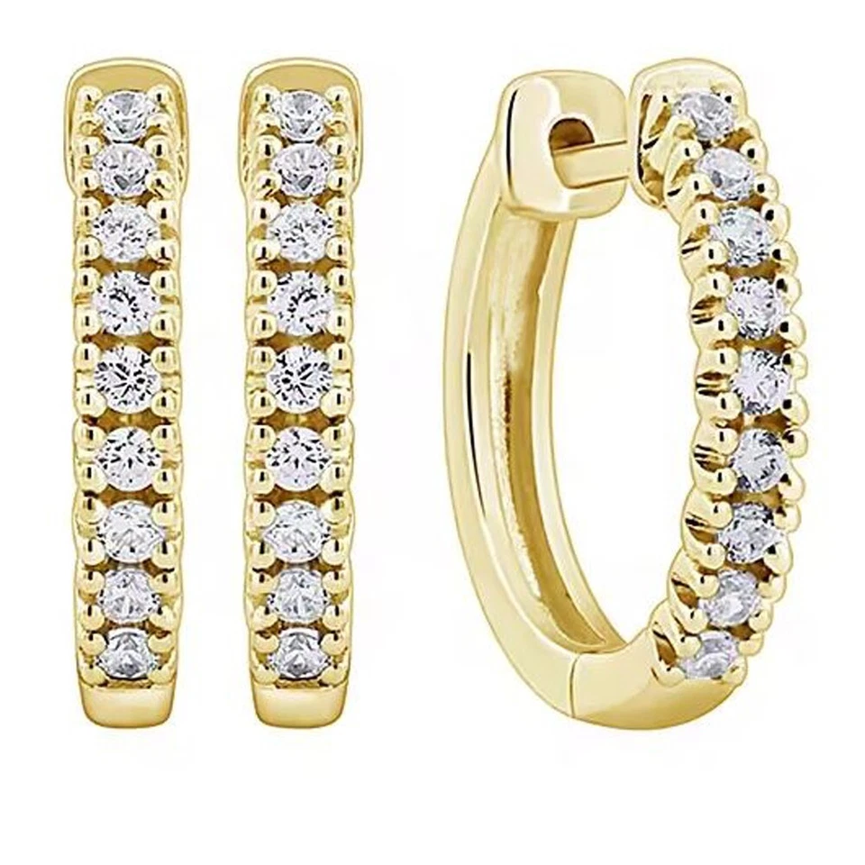 1/4CT Round Natural Diamond Huggies Hoop Earrings 14K Yellow Gold Plated Silver - Image 1 of 1