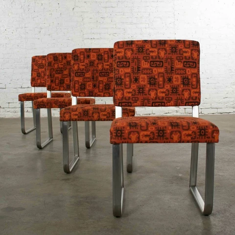 4 Streamline Modern Railroad Dining Car Chairs in Stainless Steel & Orange Abstr Cover