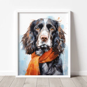 Springer Spaniel in a Winter Scarf Print, Watercolour Painting, Pet Portrait - Picture 1 of 10