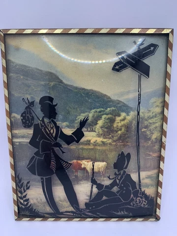 Vintage Reverse Painted Silhouette Man carrying bag & Woman Convex Bubble Glass Cover