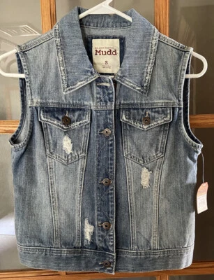 Nuevo con etiquetas Chaleco Denim Azul Mudd Distressed Mujer Talla Pequeña Cintura Ajustable Foto 1 de 4