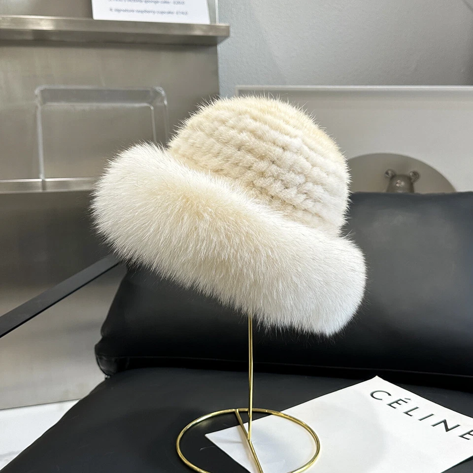 Sombrero de cubo tejido 100 % piel de visón cálido invierno de lujo para mujer gorras de piel de zorro Foto 1 de 4