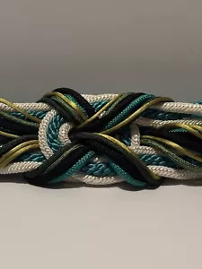 Vintage 80s Adjustable Boho Statement Belt Braided Satin Green White Black 36" - Picture 1 of 9