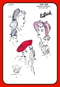 Misses HAT Pattern 3 Styles CROWNLESS, Beret or CAP Sz 21-23 Butterick 2555 Vtg - Picture 1 of 4