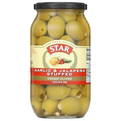 STAR GREEN OLIVES DOUBLE SUTFFED GARLIC & JALAPEÑO 21 OZ - Image 1 of 4