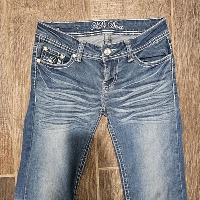 ViViDiva juniors stretch denim blue jeans size 5,straight leg low-rise, flawed  - Image 1 of 4