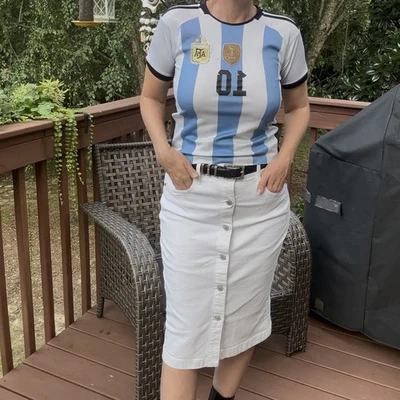 Falda midi vaquera Polo Ralph Lauren blanca con botones delanteros | Preppy Chic | Talla 8 Foto 1 de 4