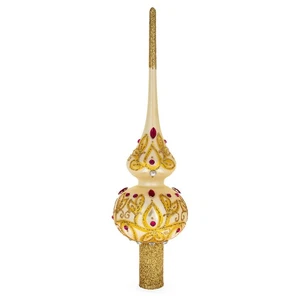 Red Jeweled with Golden Leaves Mouth Blown Glass Tree Topper 11 Inches - Picture 1 of 4