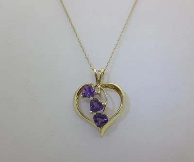 Amethyst Heart Necklace Gold Three Stone 2.25ctw 10K Solid 18" February N427 - Image 1 of 4