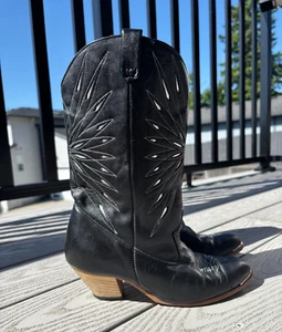 Vintage! Dingo Black Sunburst Inlay Leder Cowboystiefel Western rustikal 80er Größe 7,5 - Bild 1 von 9