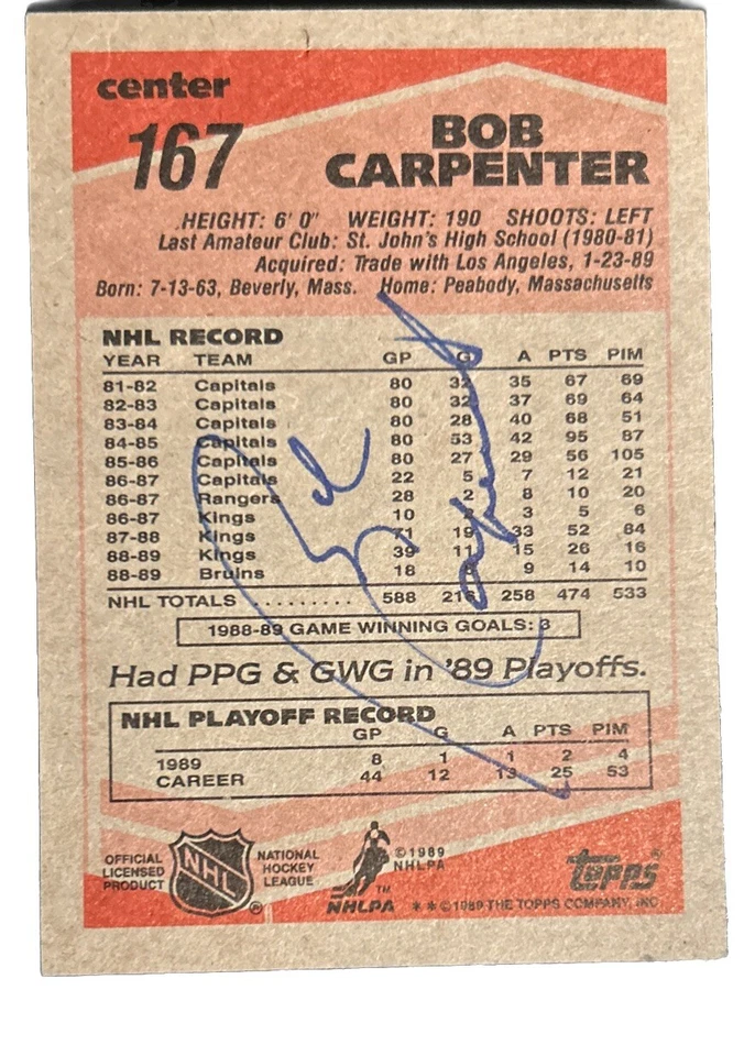 Autographed 1989-90 Topps - #167 Bob Carpenter- Boston Bruins - Image 1 of 2