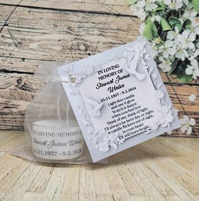 Personalised Funeral Memorial DOVE & ROSE tealight size candle favours - Image 1 of 4