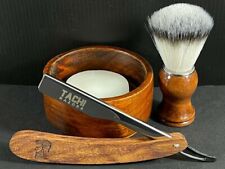 Shaving Gift 4PC Set for Men Shaving Barber Soap Brush Wooden Bowl Mug Razor 