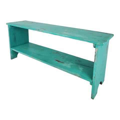 Vintage Hall Bench Primitive Country Farmhouse Wooden Large Turquoise Painted Cover