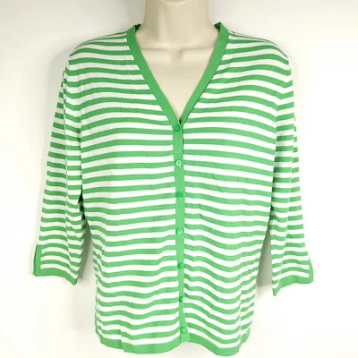 Norton Mcnaughton Cardigan Sweater Womens Petite L Green White Stripe 3/4 Sleeve - Image 1 of 4