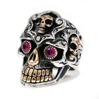 RUBY EYES GRAVEYARD SUGAR SKULL 925 STERLING SILVER GOTHIC BIKER RING jo-r006 - Image 1 of 4