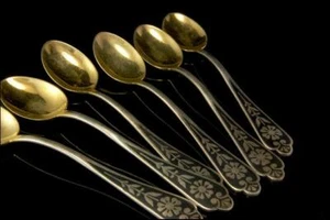6 VINTAGE NIELLO 875 SILVER BLACK ENAMEL GILDED DEMITASSE SPOON SET BR - Picture 1 of 5