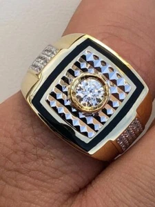 Men's REAL 14K Gold Plated Solid 925 Silver Solitaire Black Onyx & CZ Pinky - Picture 1 of 11