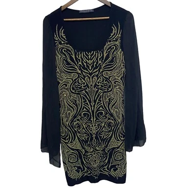 Vestido Symphony Plus para mujer 2X negro dorado con cuentas mangas acampanadas transparentes caprichoso Foto 1 de 4