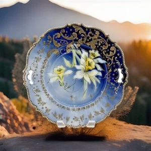 Antique R S Prussia Cobalt Saxe Altenburg Double Handled 9.5" Plate Impasto Gold - Picture 1 of 6