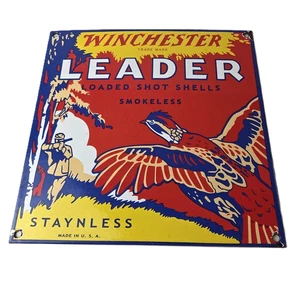 Vintage Winchester Sign - Leader Shot Gun Shells Hunting Gas Pump Porcelain Sign - Picture 1 of 14
